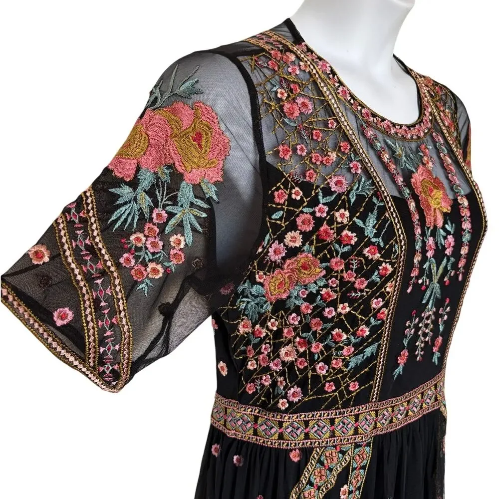 Sundance Roxanna Embroidered Mesh Dress Boho Fall Wedding Cocktail Dress size L